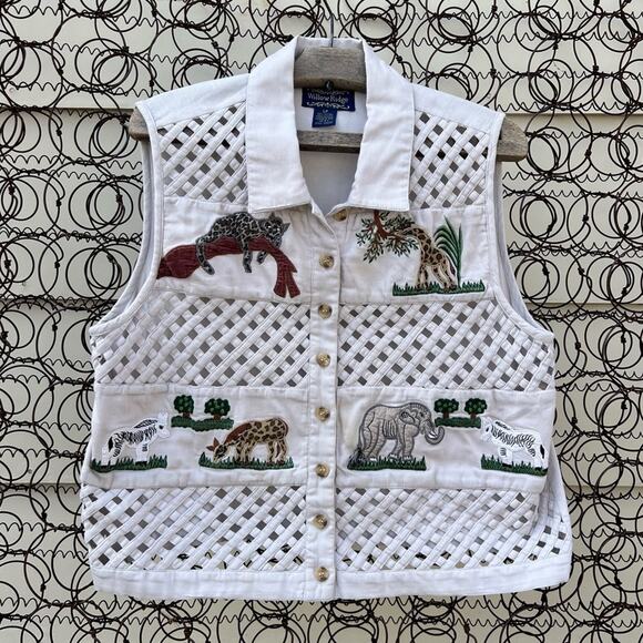 Vintage 90s willow Ridge embroidered zoo safari animals lattice front vest LP - Picture 1 of 5